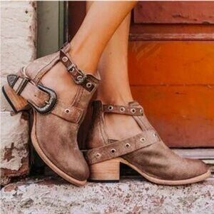 Freebird Carson Leather Ankle Boots Womens 7 Brown Western Buckle Boho Festival